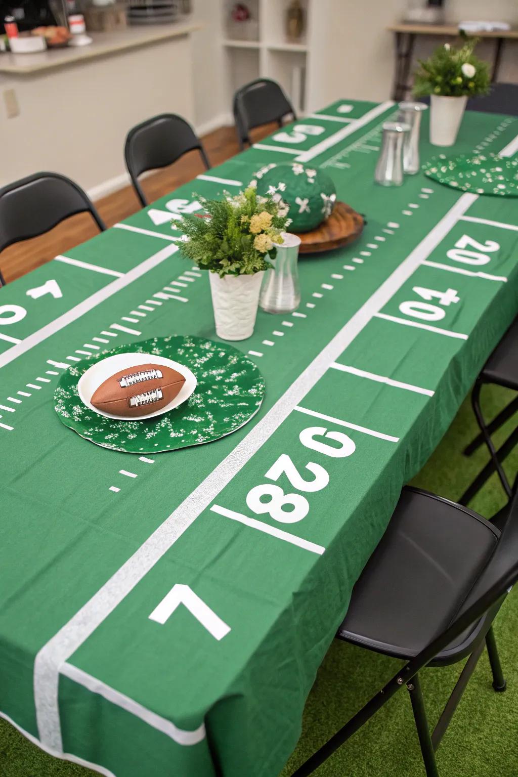 A dining table converted into a football field setting for the festive occasion.