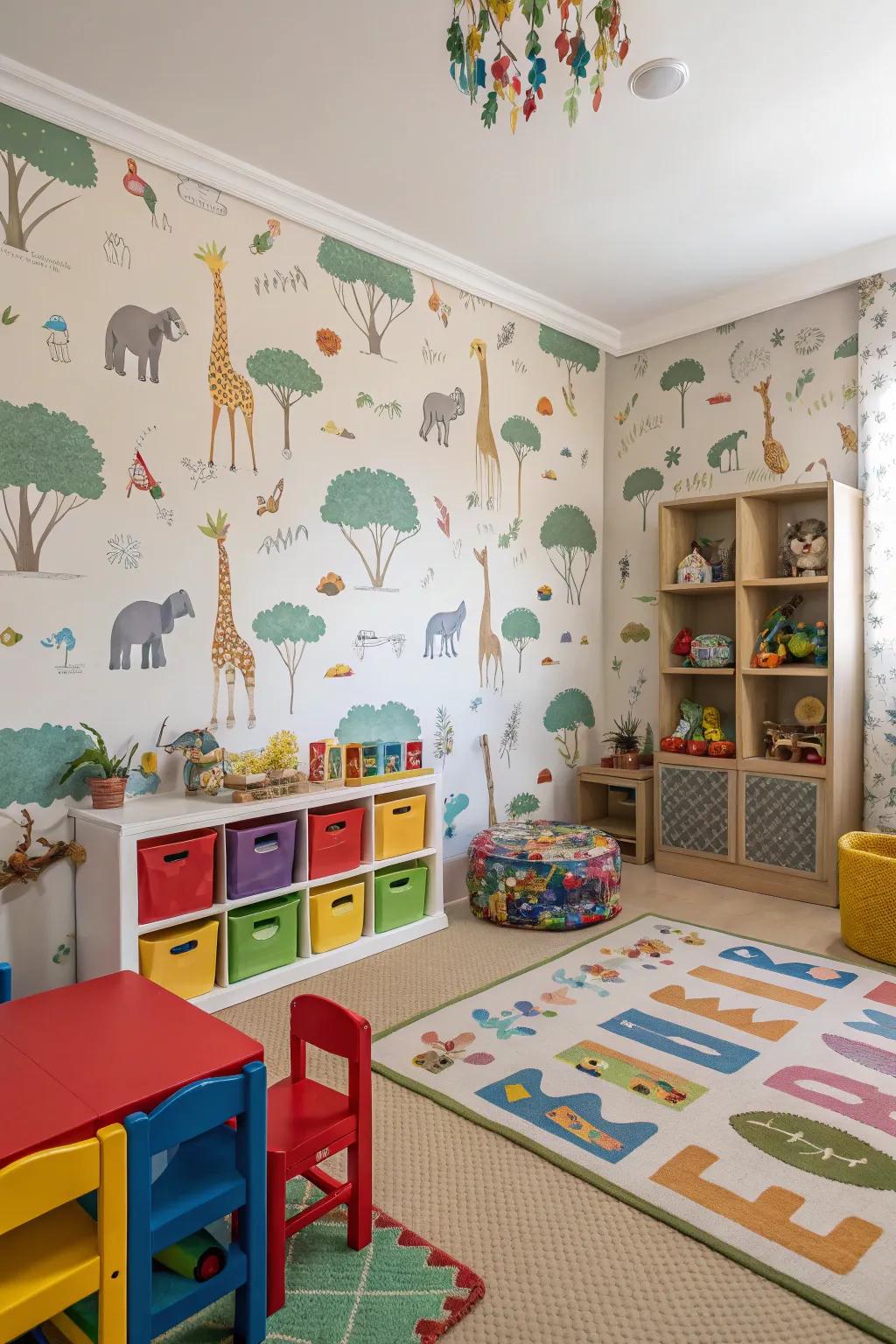 A playroom displays vibrant animal-themed wallpaper, fostering exploration.