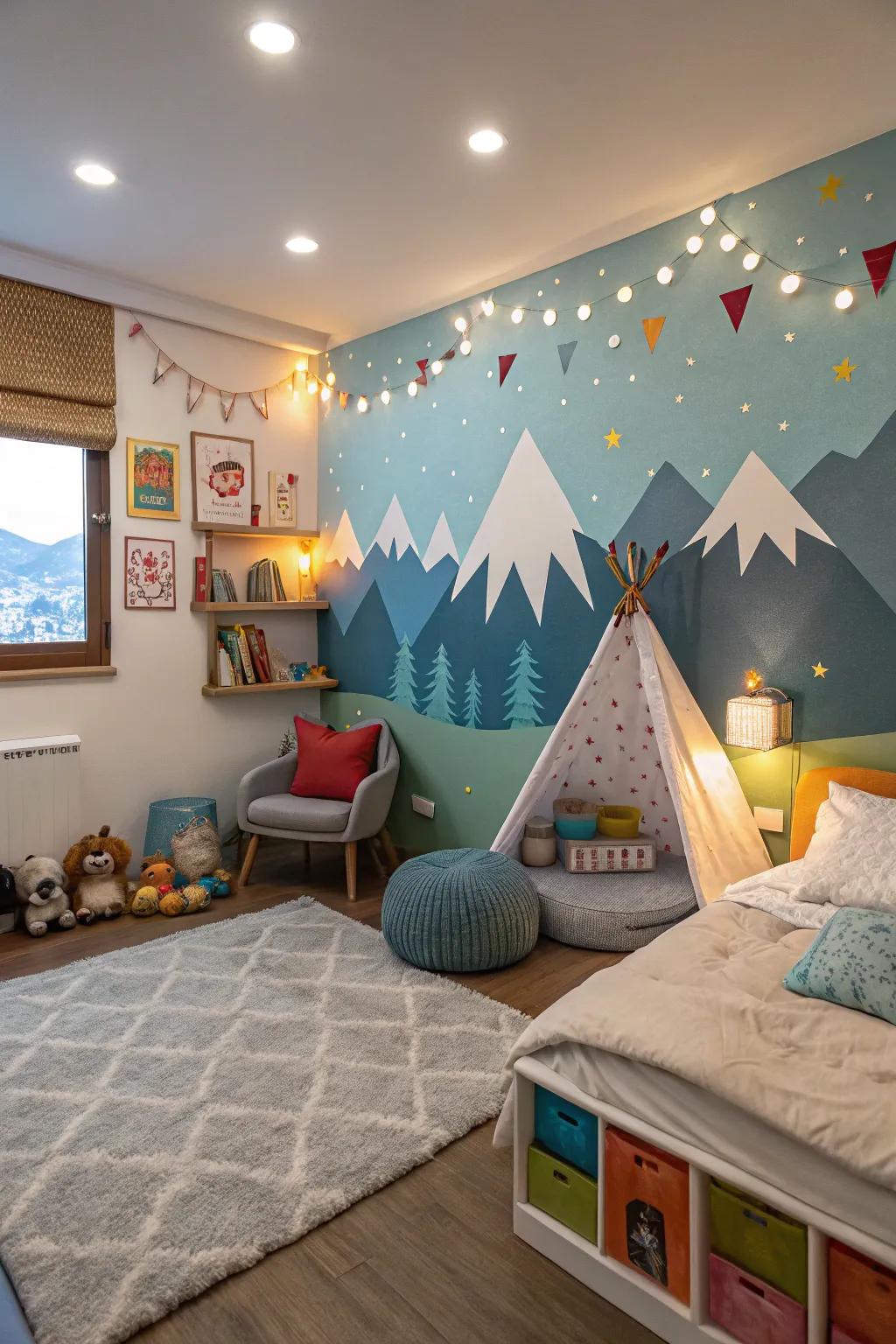 Themed walls transform a room into an exploratory landscape.