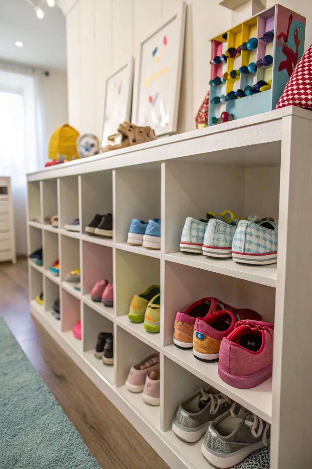 Cubby shelves make organizing a cinch for youngsters.
