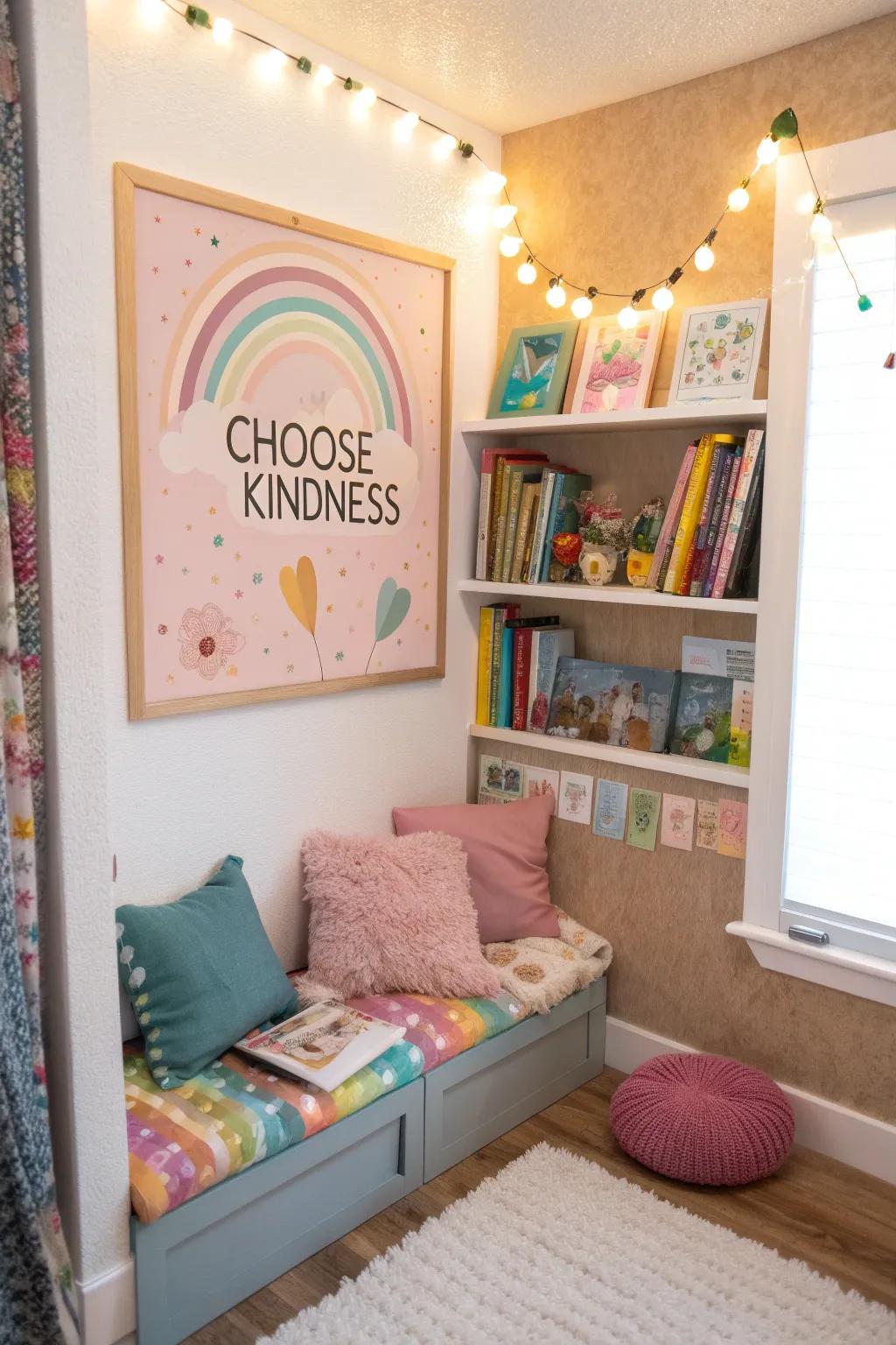 A comfortable reading spot featuring a 'Choose Kindness' themed bulletin board with soft pastel tones.
