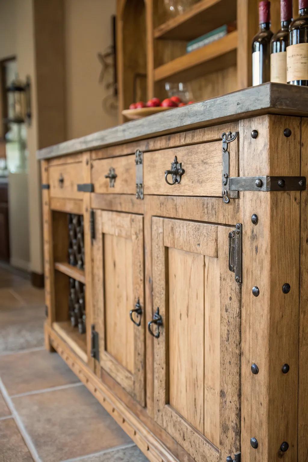 An earthy bar cabinet adds coziness to the kitchen.
