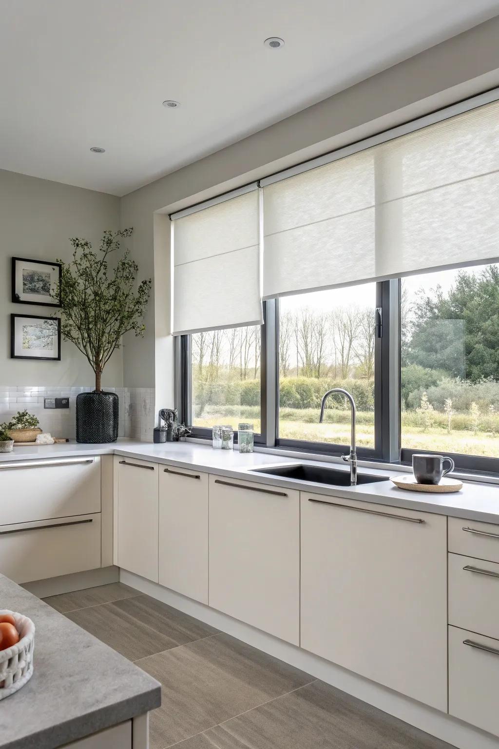 Minimalist kitchen featuring streamlined windup blinds