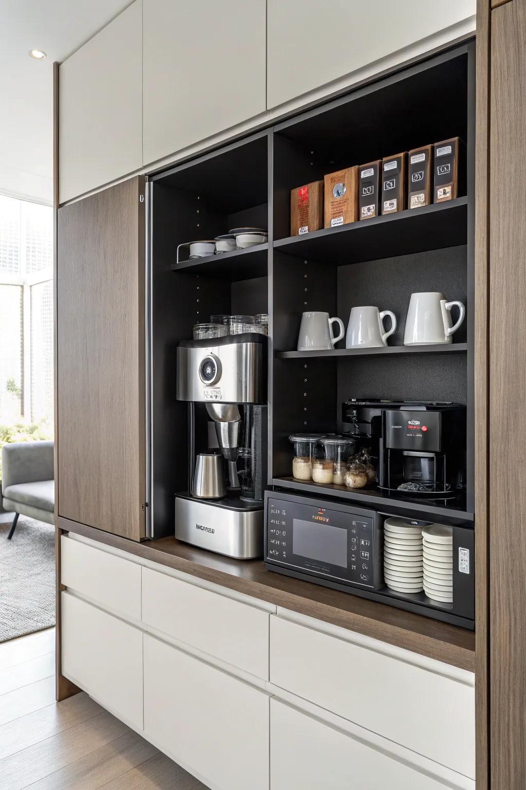 Bespoke cabinetry transforms your coffee bar into a structured retreat.