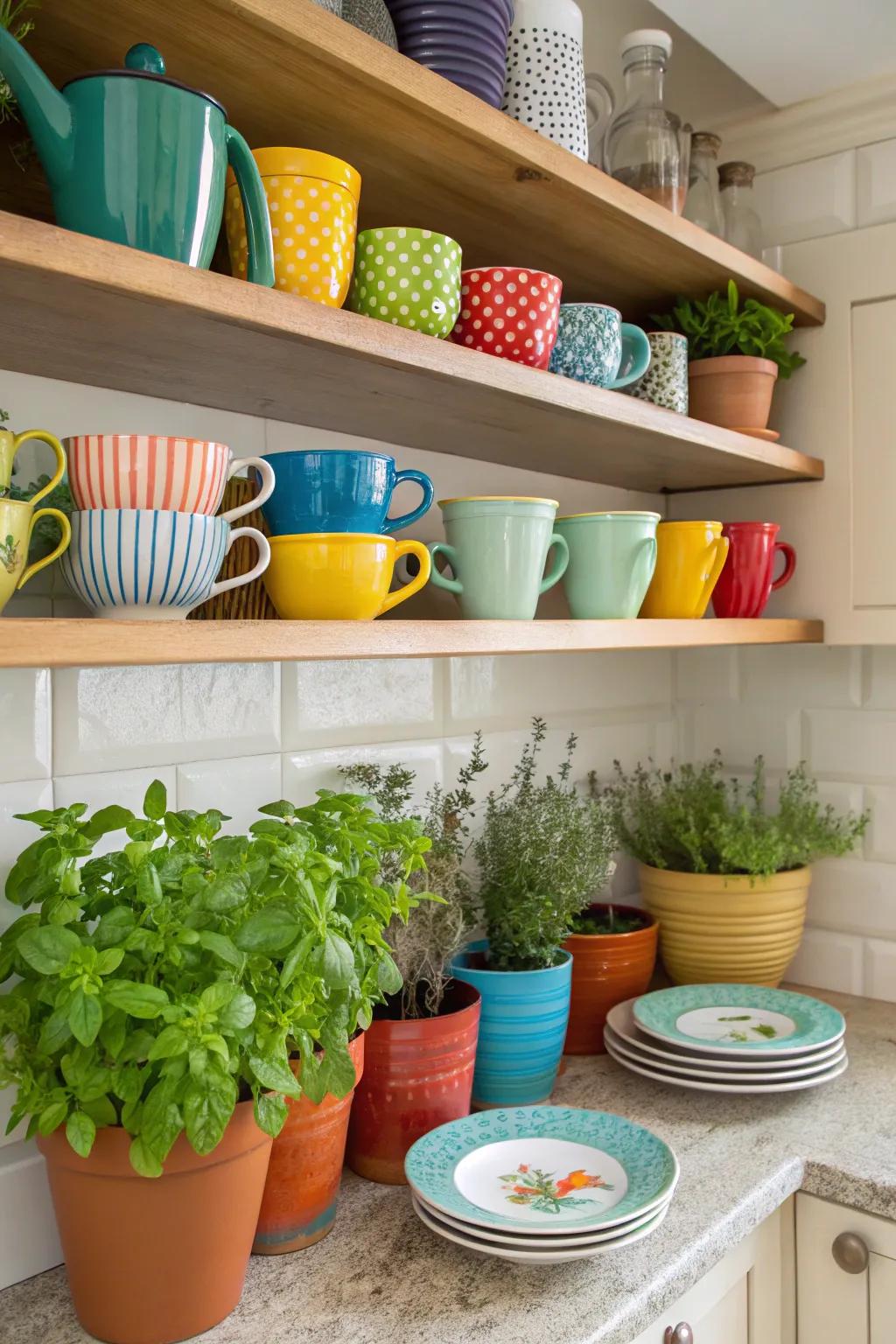 Exposed shelving introduces vibrancy and ease of access to kitchen corners.
