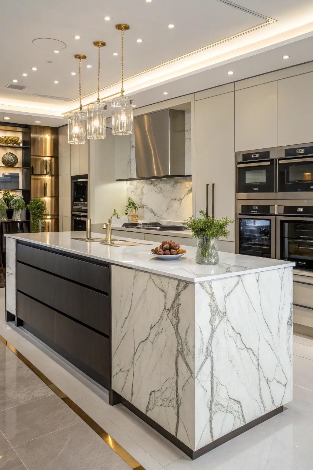A stone finish rear facade uplifts this cooking area focal point, presenting a sophisticated and lasting allure.