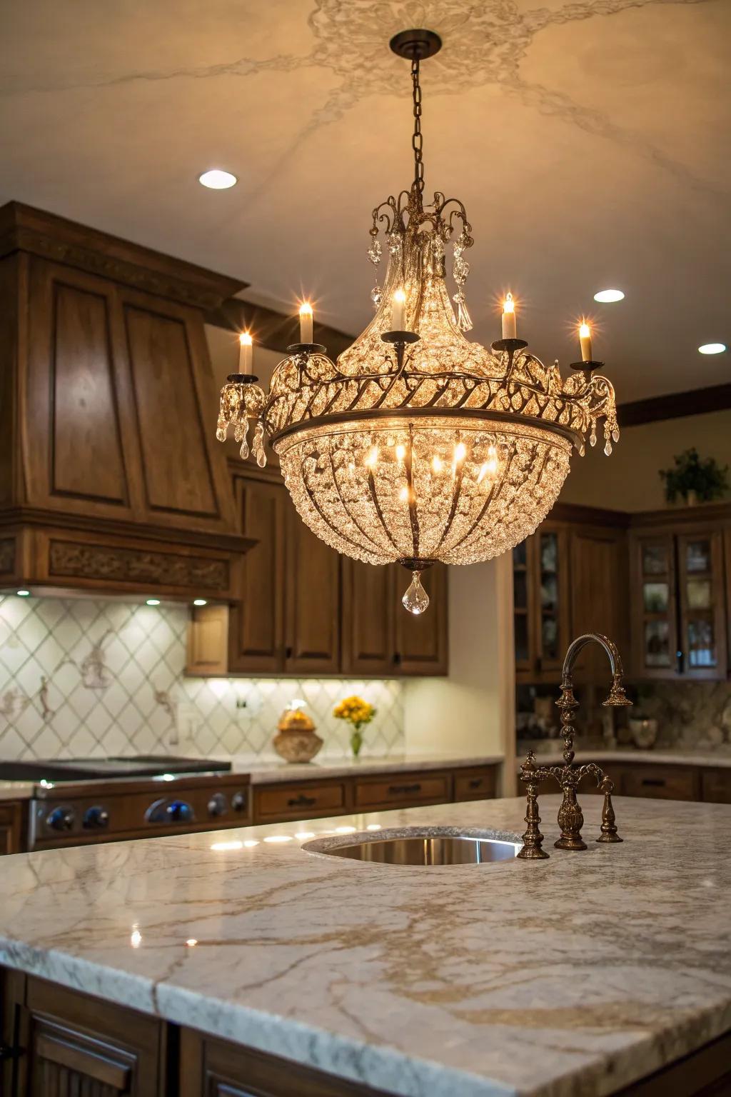 Placing a chandelier above the island introduces refinement and elegance.