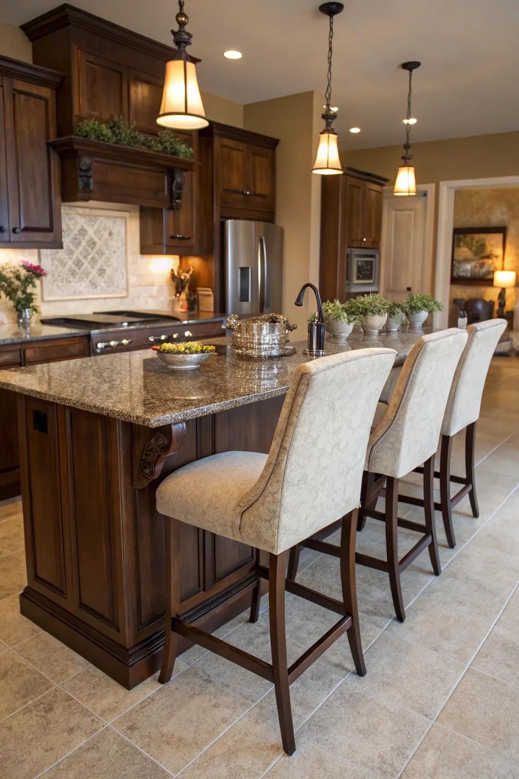 High-backed chairs offer enhanced comfort to your kitchen seating arrangement.