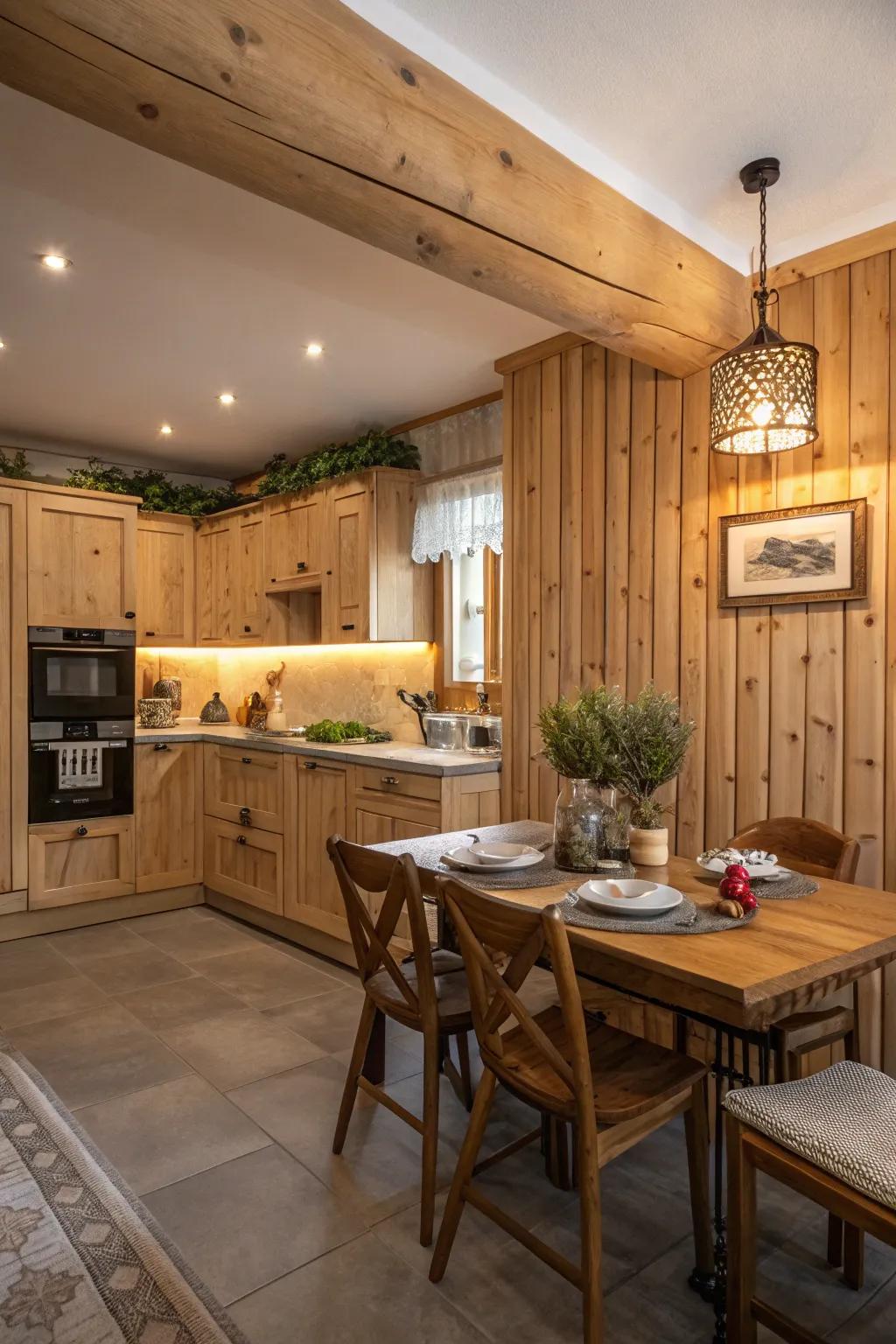 Natural wood enhances the kitchen with comfort and texture.
