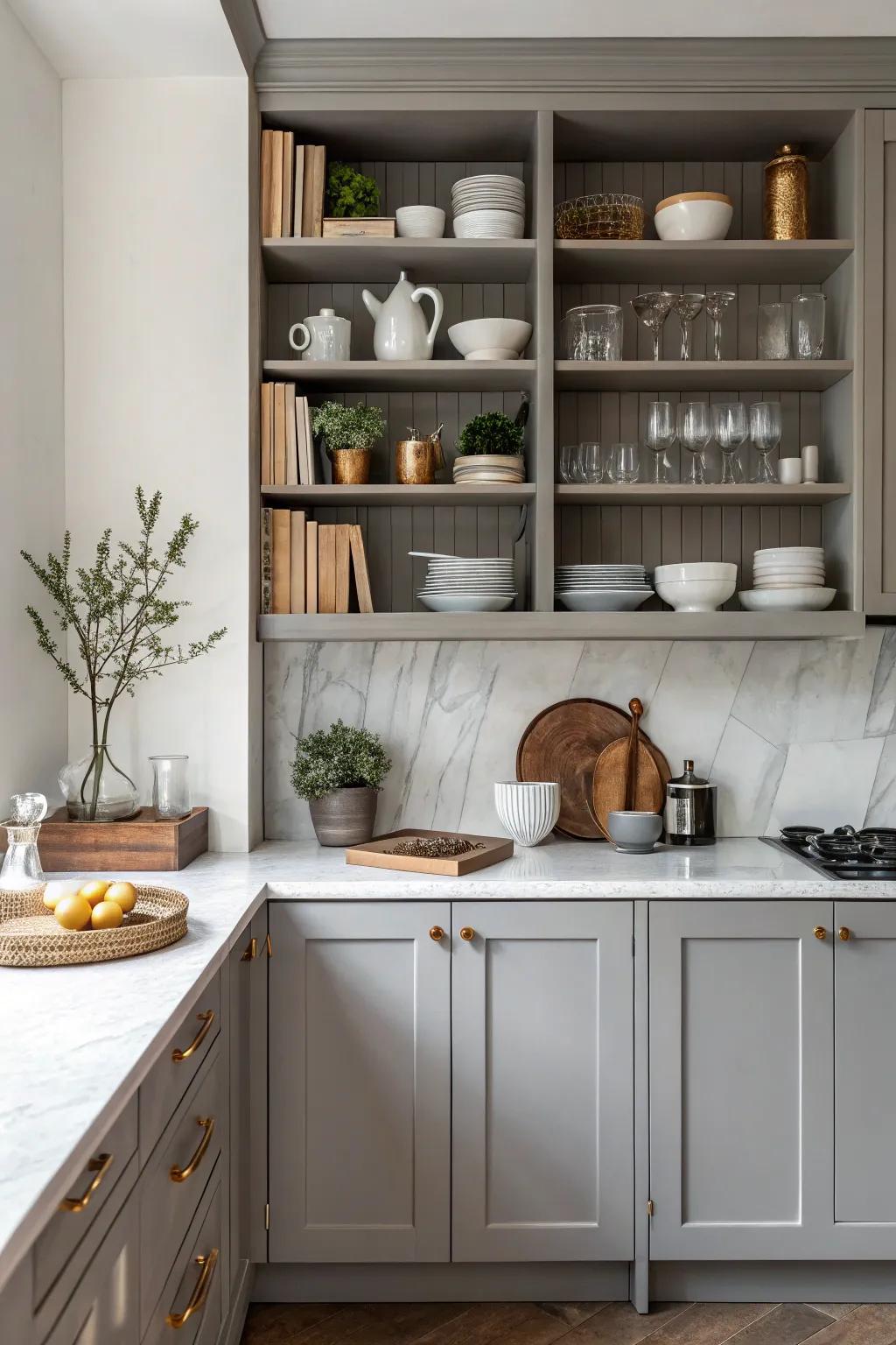 Versatile kitchen design featuring open shelving paired with closed cabinets.