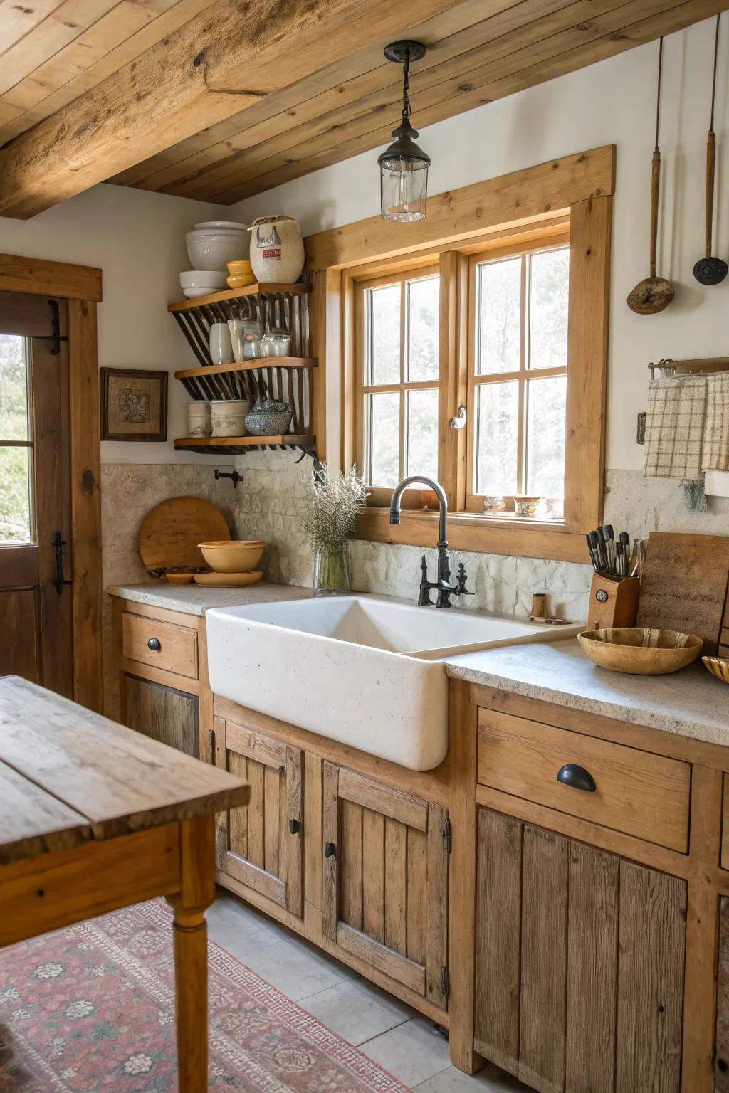 An inviting rustic kitchen with a prominent farmhouse basin.