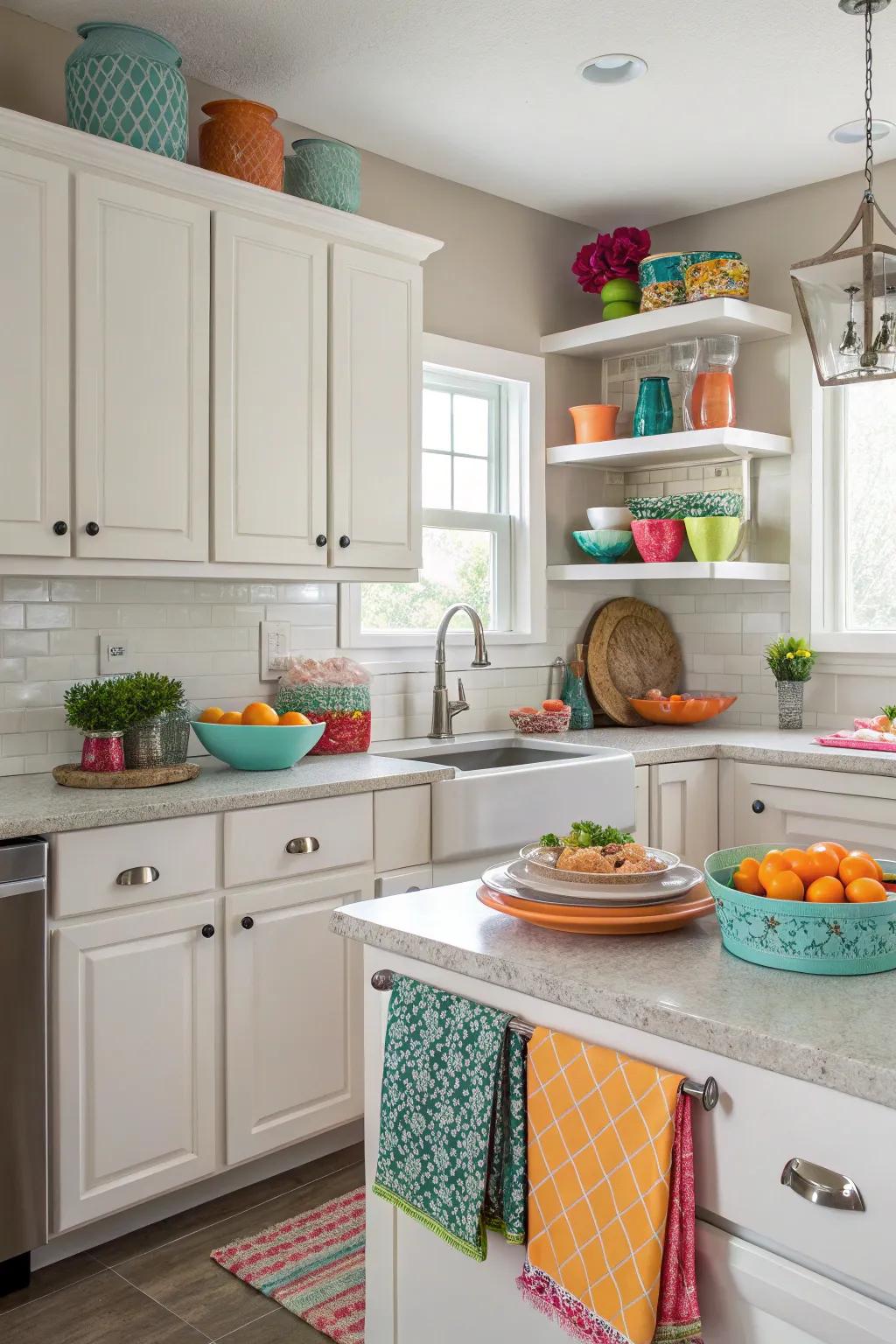 Bright accessories inject energy into a neutral kitchen setting.