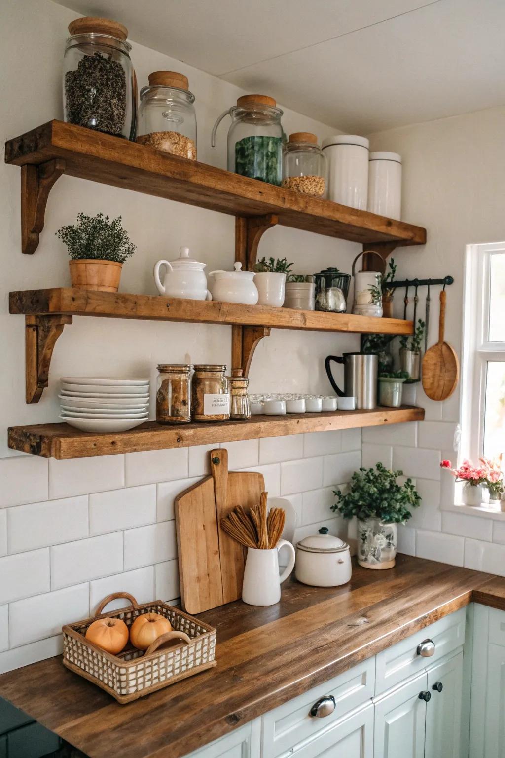 Salvaged wood shelves infuse any kitchen with warmth and personality.