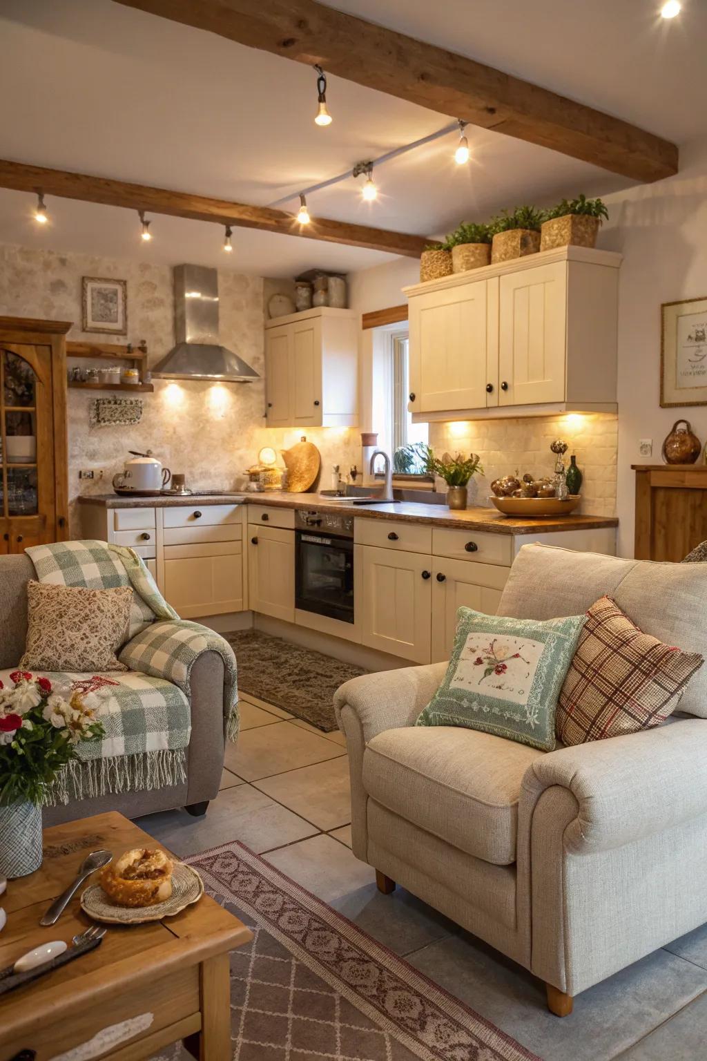 A kitchen design that includes comfortable sofa and armchair seating, perfect for relaxation and conversation.