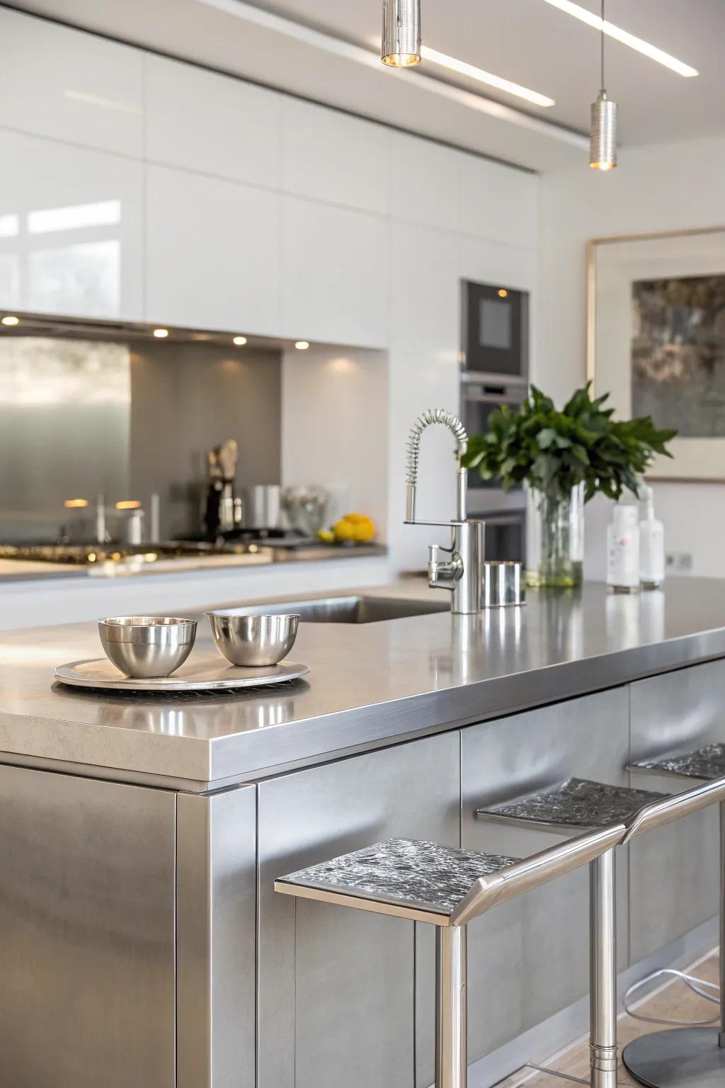 Stainless steel countertops offer a streamlined, professional appearance.