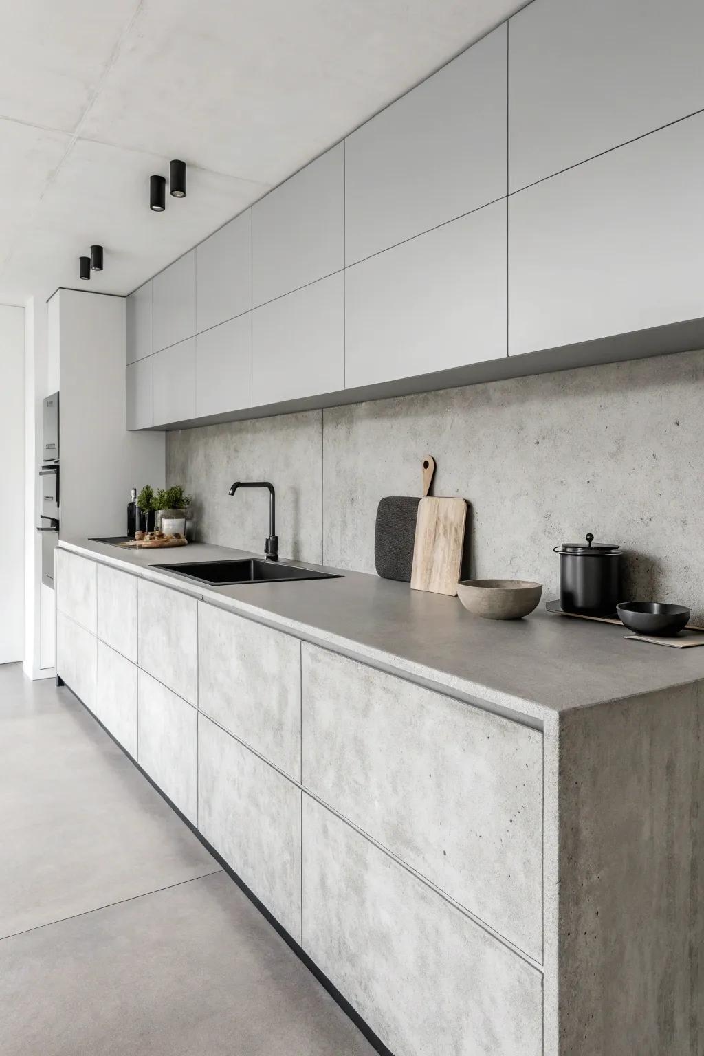 A simple kitchen featuring concrete worktops in a monochrome scheme.