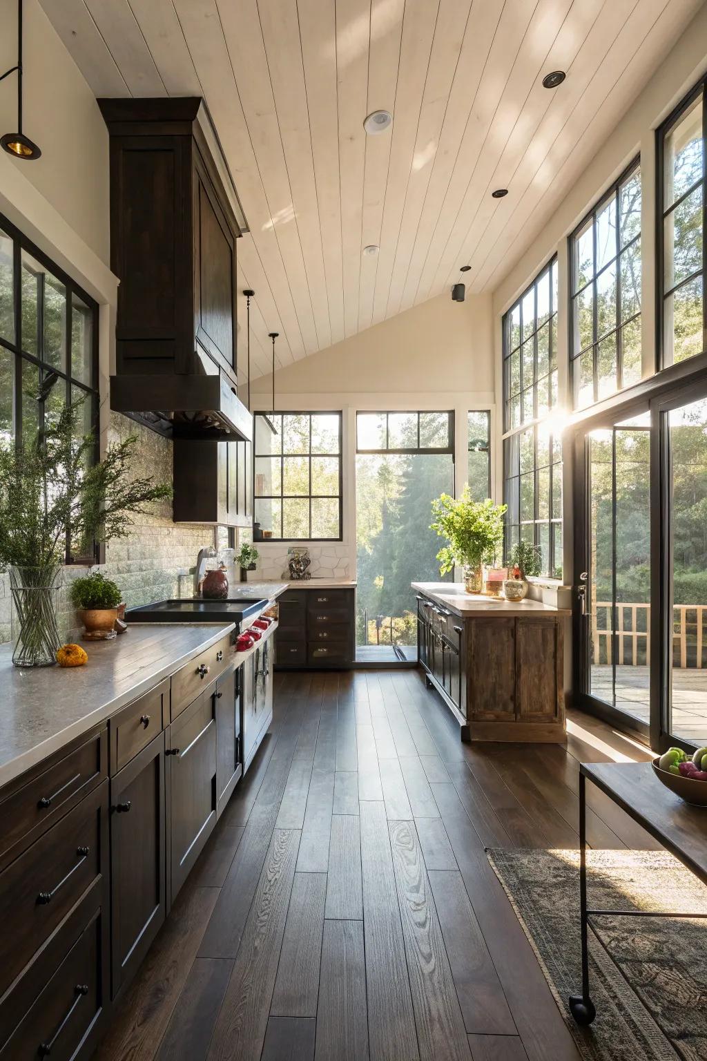 Sunlight bathes a kitchen with deep floors, producing a vibrant and spacious ambiance.