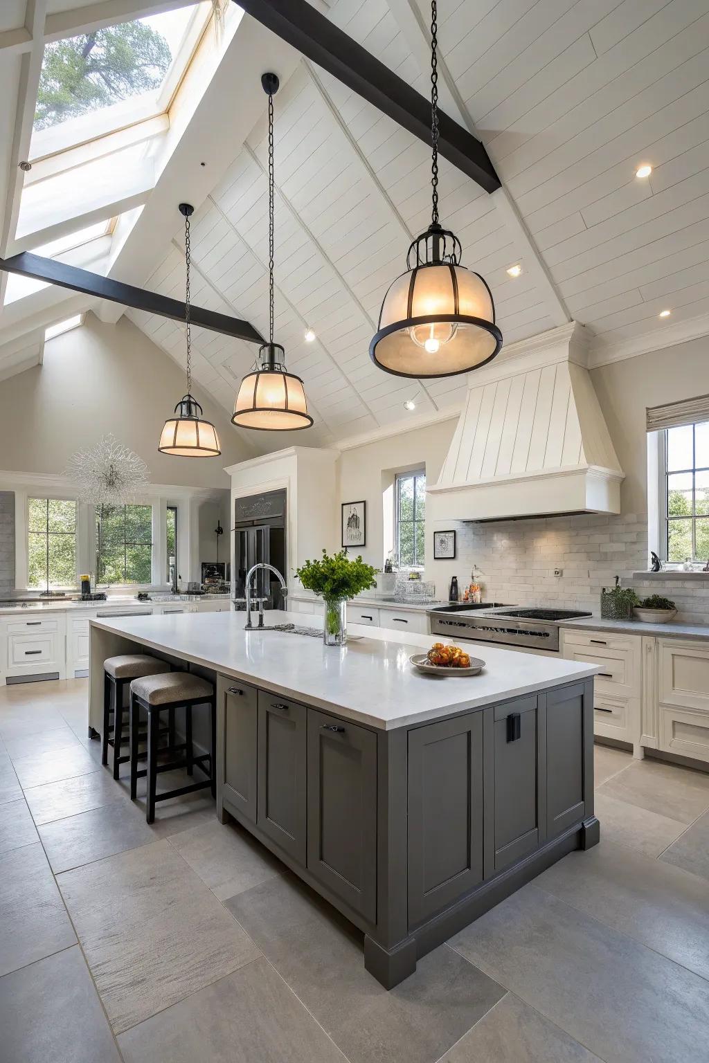 Remarkable hanging lights brighten and enhance the kitchen's height.