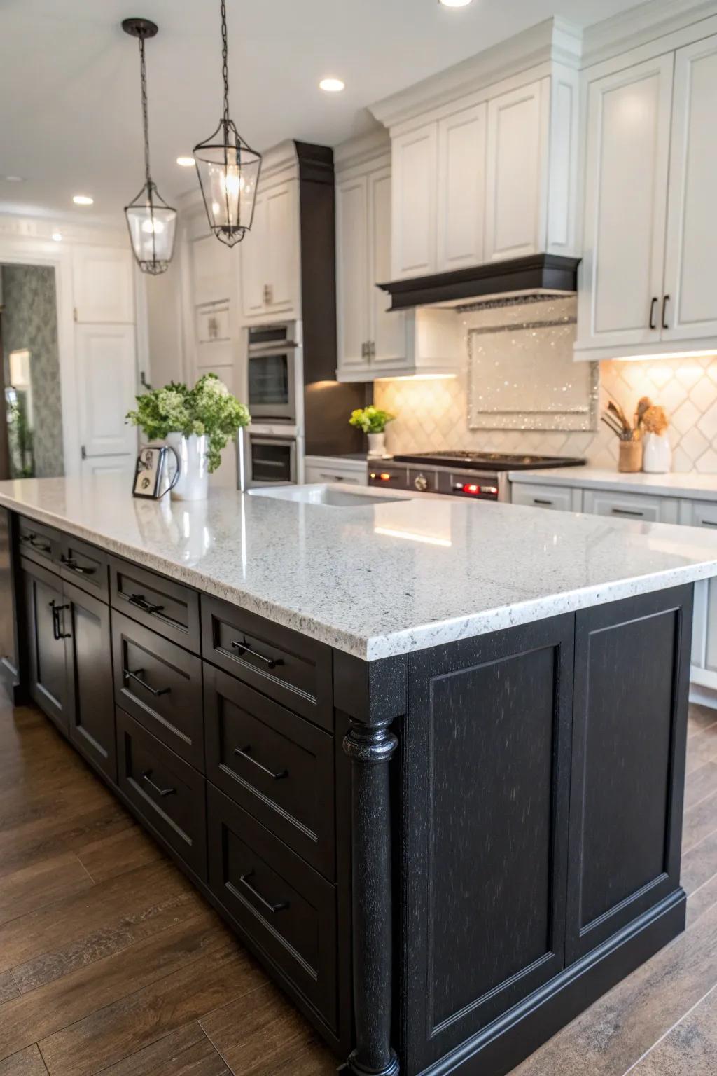 A striking island accent with a deep-toned base and vibrant quartz surface.