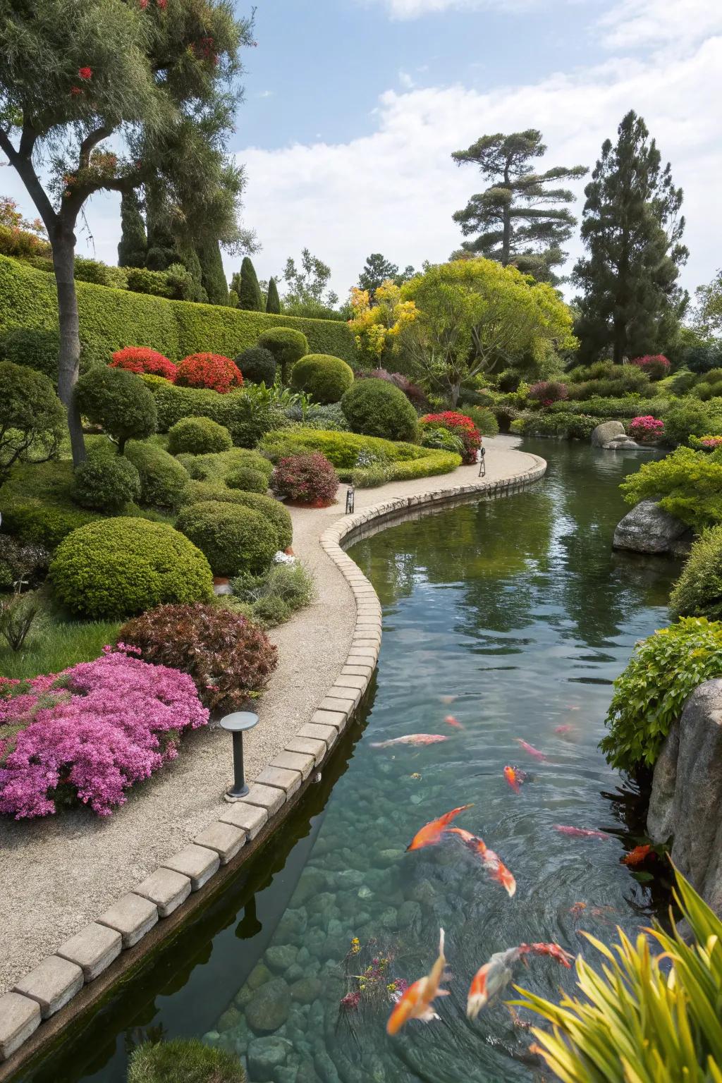 A vivid display of nature encircles this koi pond.