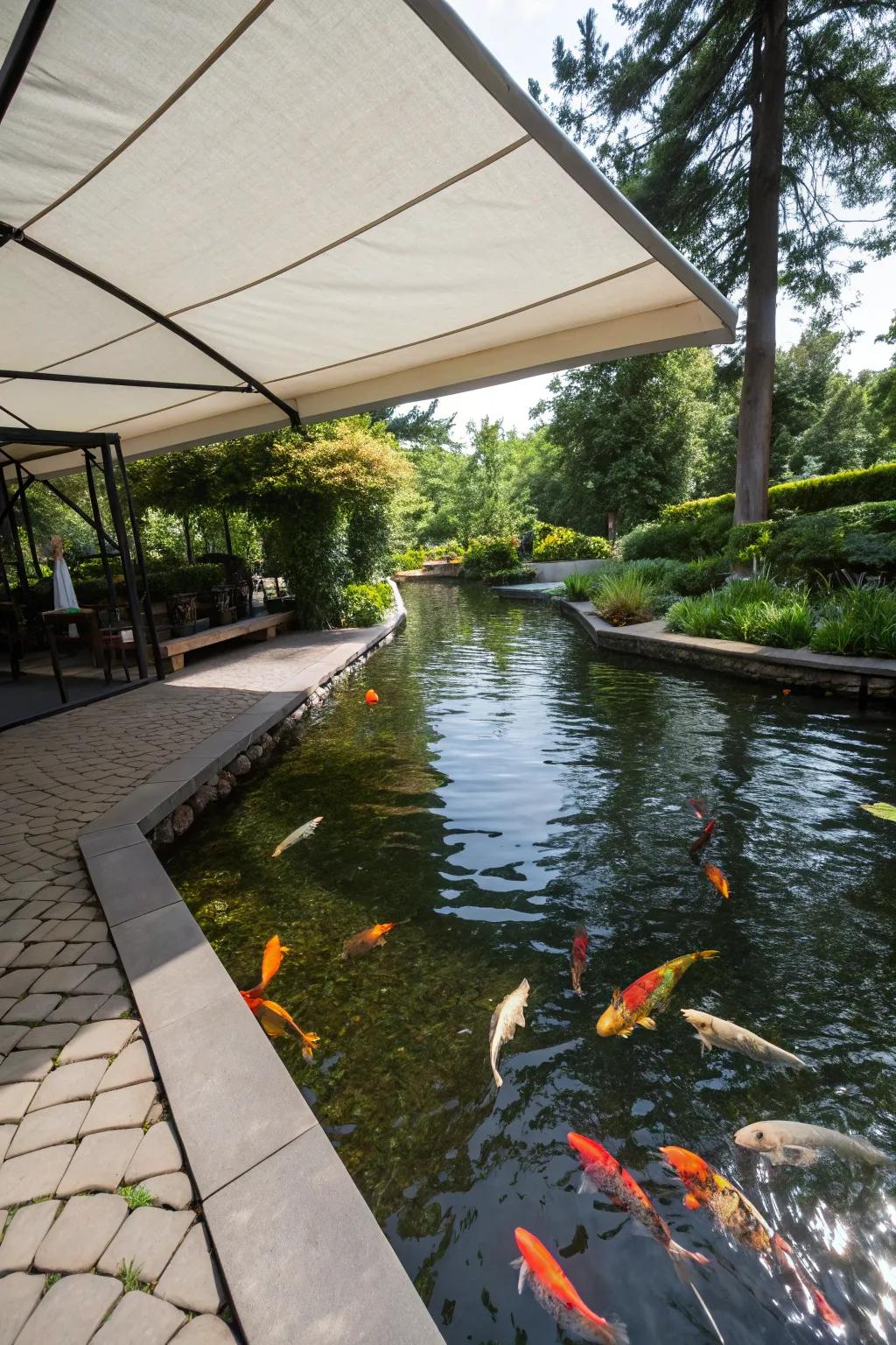 An adjustable shade provides flexible sunlight control over a koi pond.
