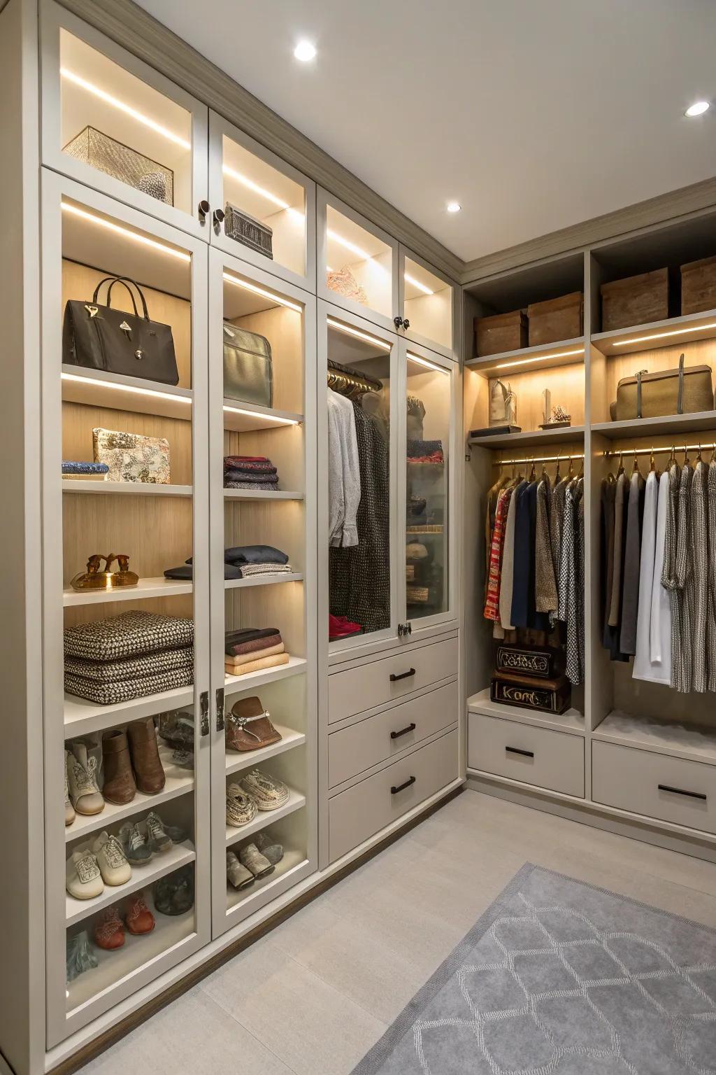 Combine display and concealed storage for an organized and fashionable closet.