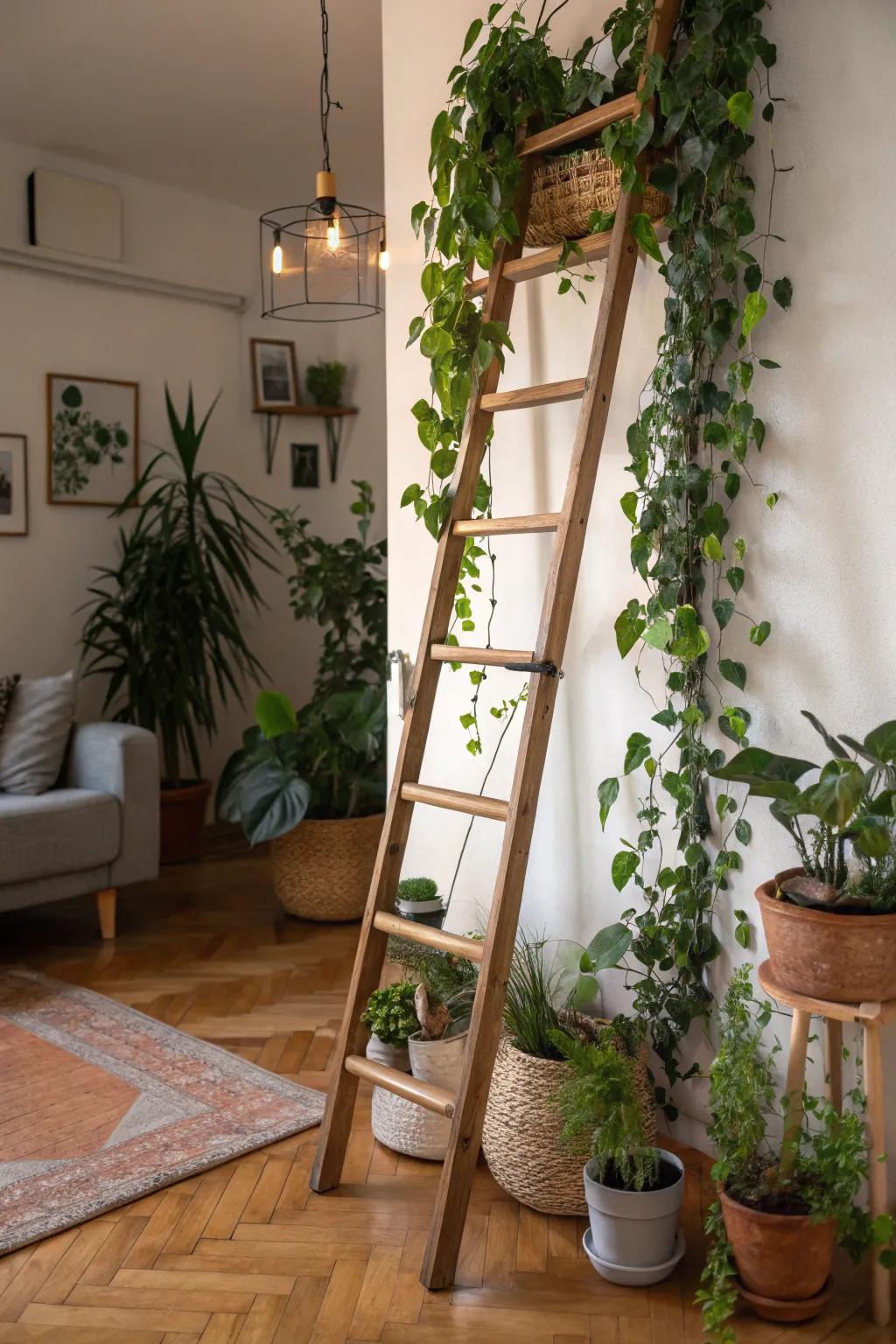 A ladder embellished with flora creates an uplifting indoor garden.
