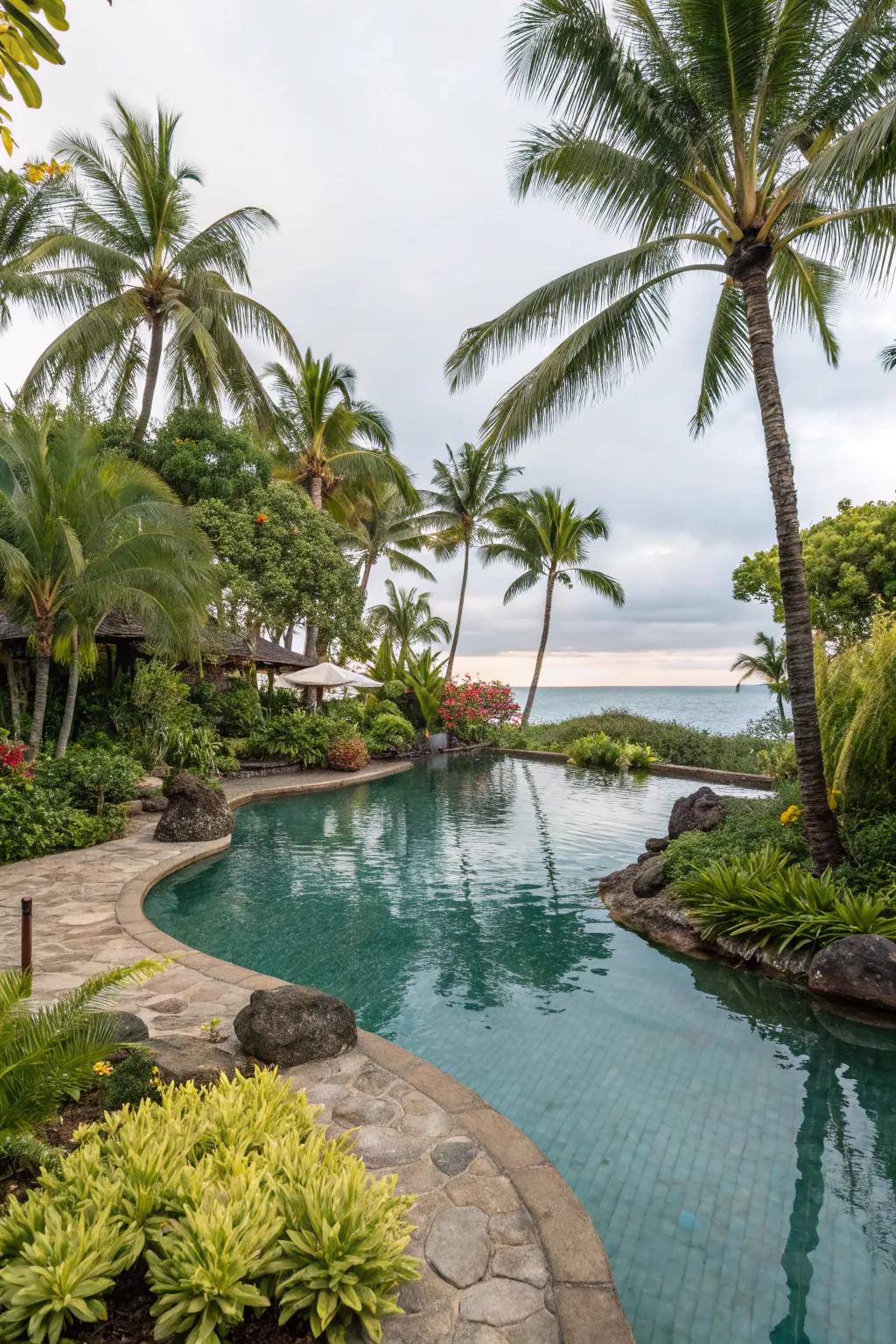 Lush landscaping amplifies the tropical impression of a lagoon pool.