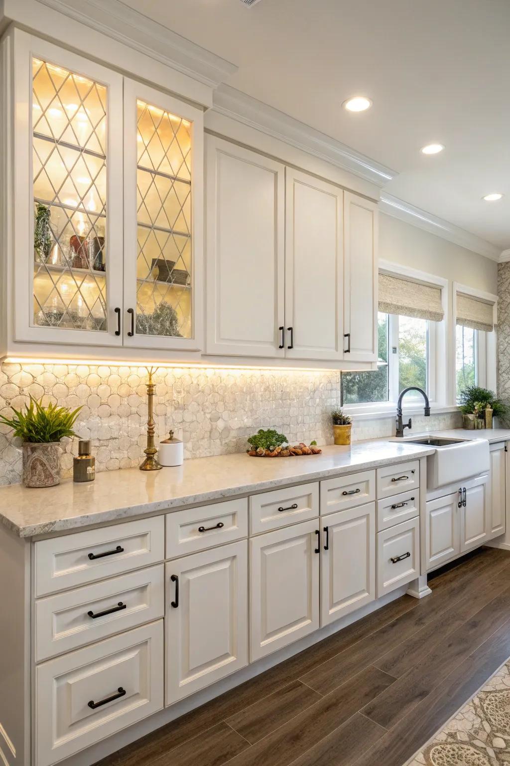 Radiant ivory units with layered backsplash for a spacious atmosphere.