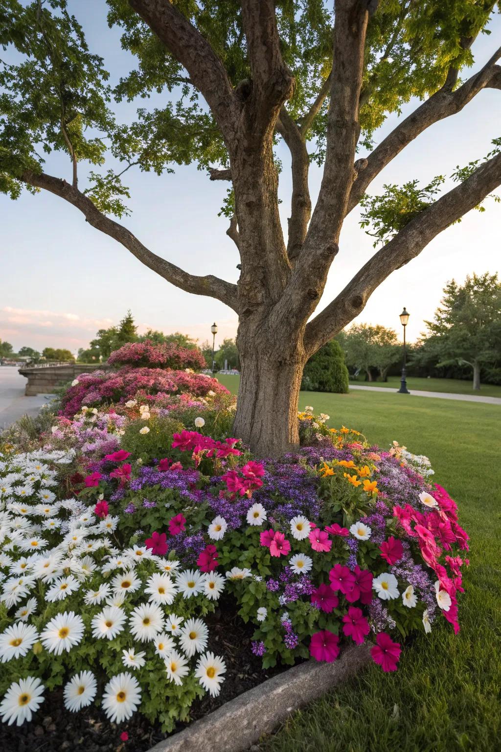 Liven up your tree's base with a joyful burst of blossoms.