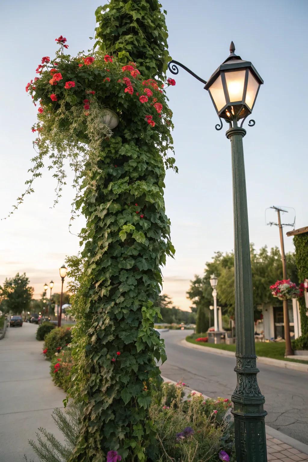 Climbing vines imparting a sense of natural refinement to a lamp post.