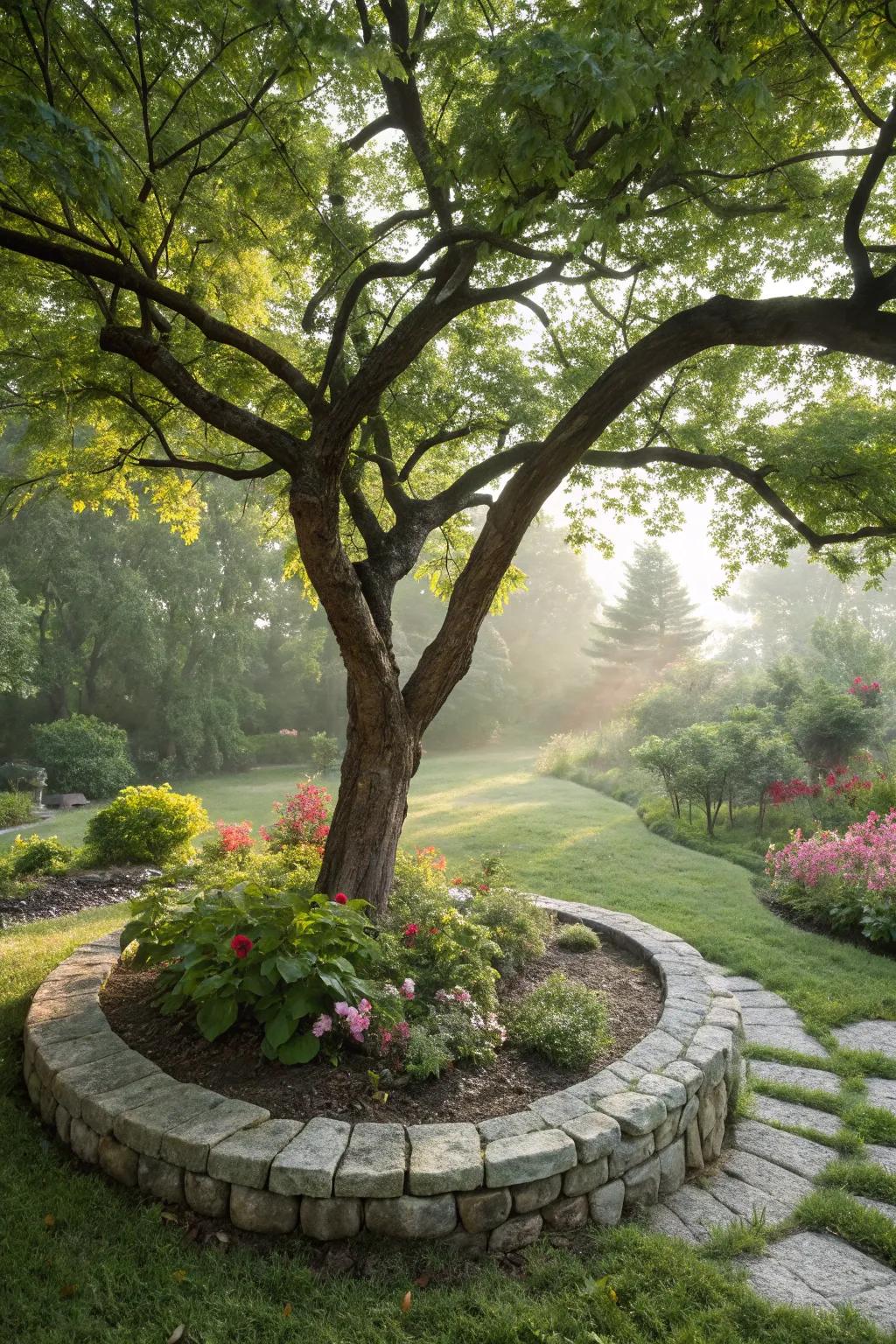 Pebble enclosures enhance the sophistication and definition of tree bases.