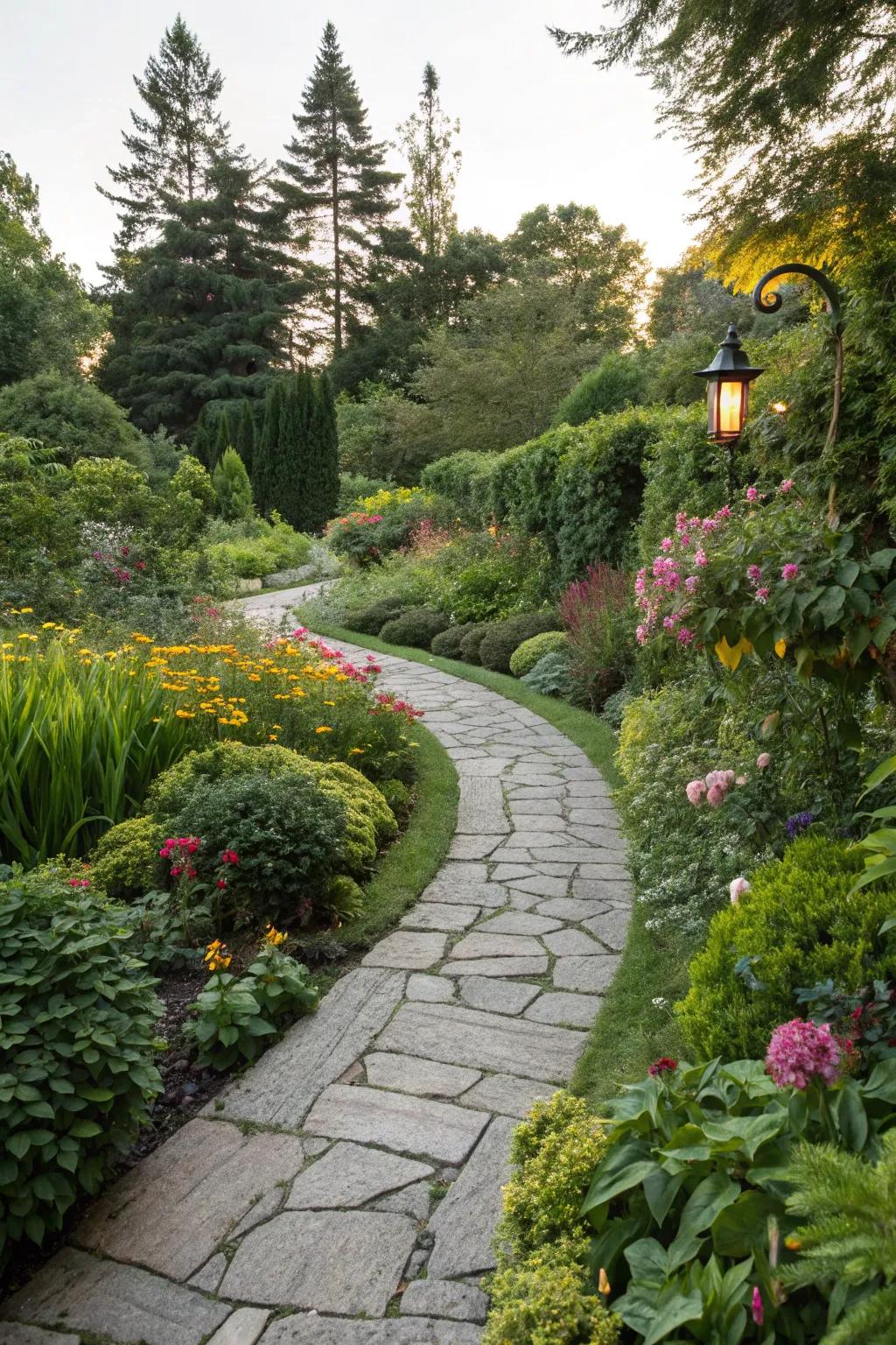 A garden path winding through rich foliage, inviting discovery.