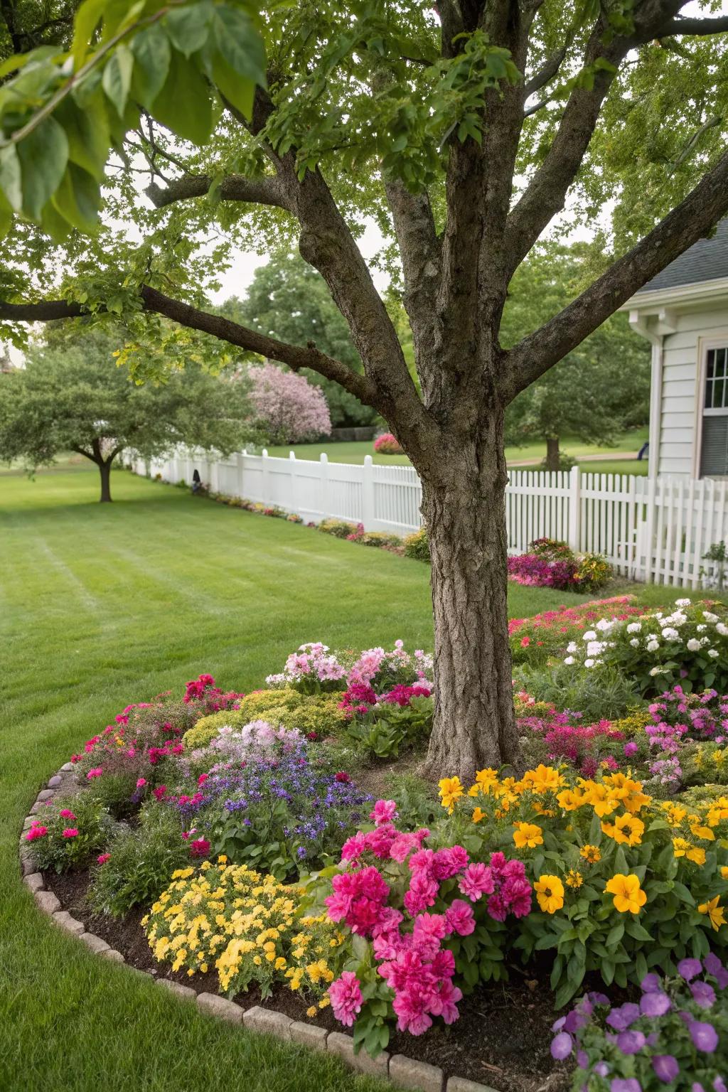 A tree embraced by a lively flower bed, infusing a burst of color into the landscape.