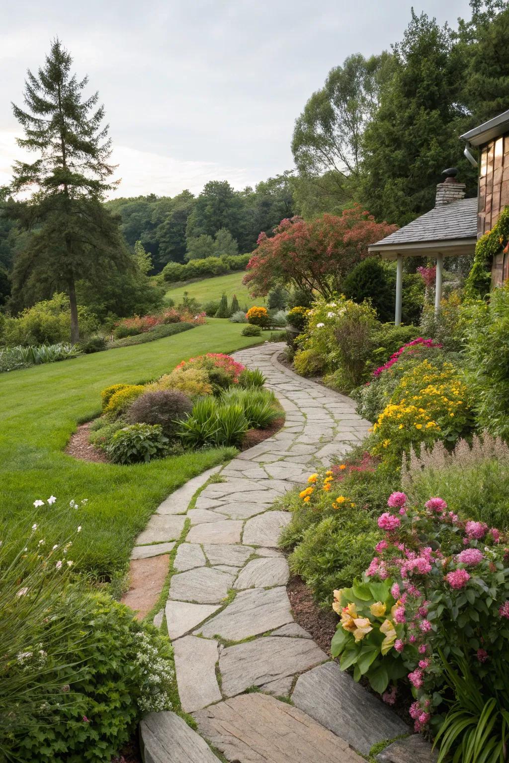 A meandering stone pathway provides a welcoming route to the front door.