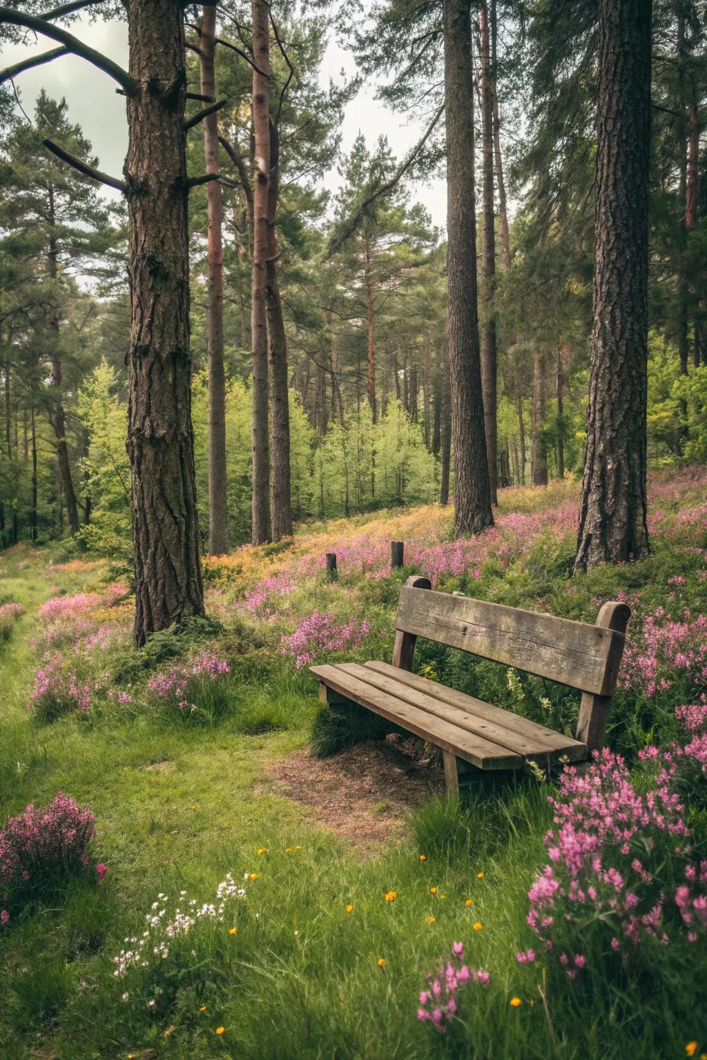 An inviting seat in a peaceful woodland glade, perfect for unwinding.