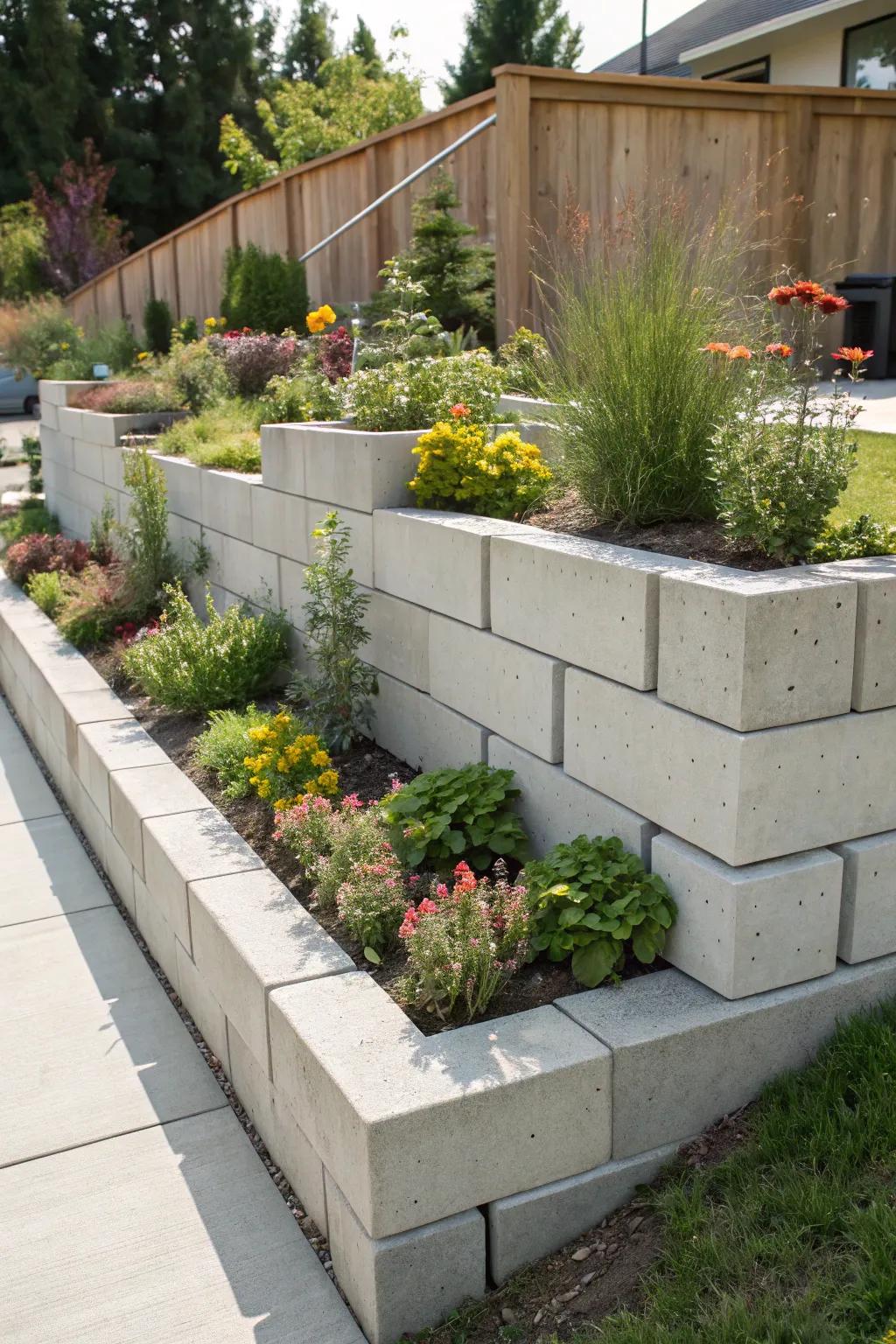Hardened concrete units offer a polished, durable alternative for elevated garden beds.