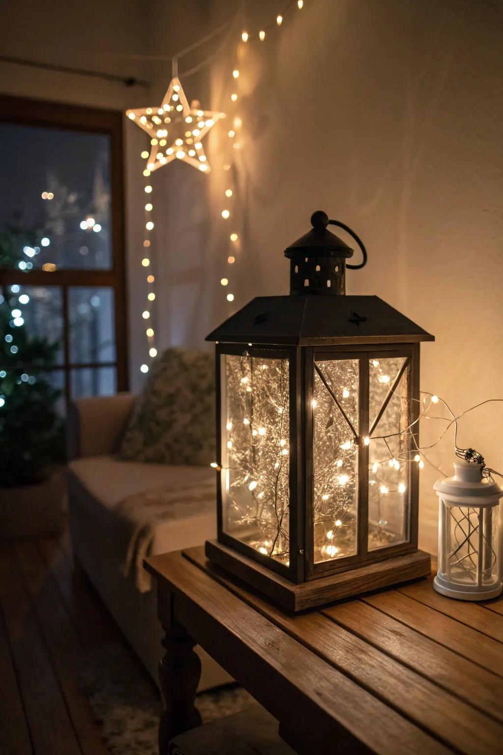 Fairy lights inside lanterns create a magical atmosphere.