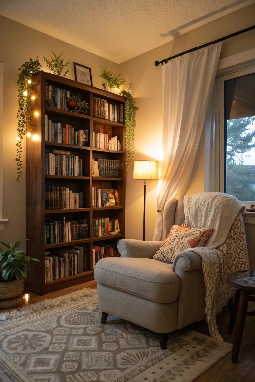 A cozy nook surrounded by books encourages you to relax and unwind.