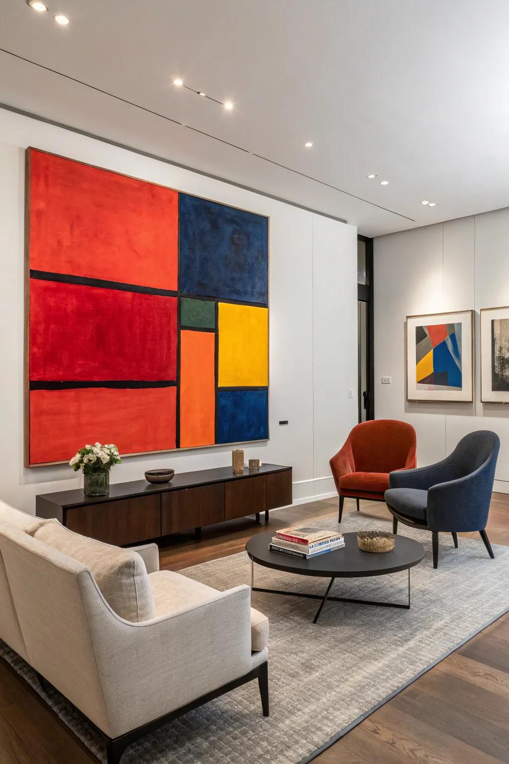 Dynamic abstract art sets a modern and vibrant tone.