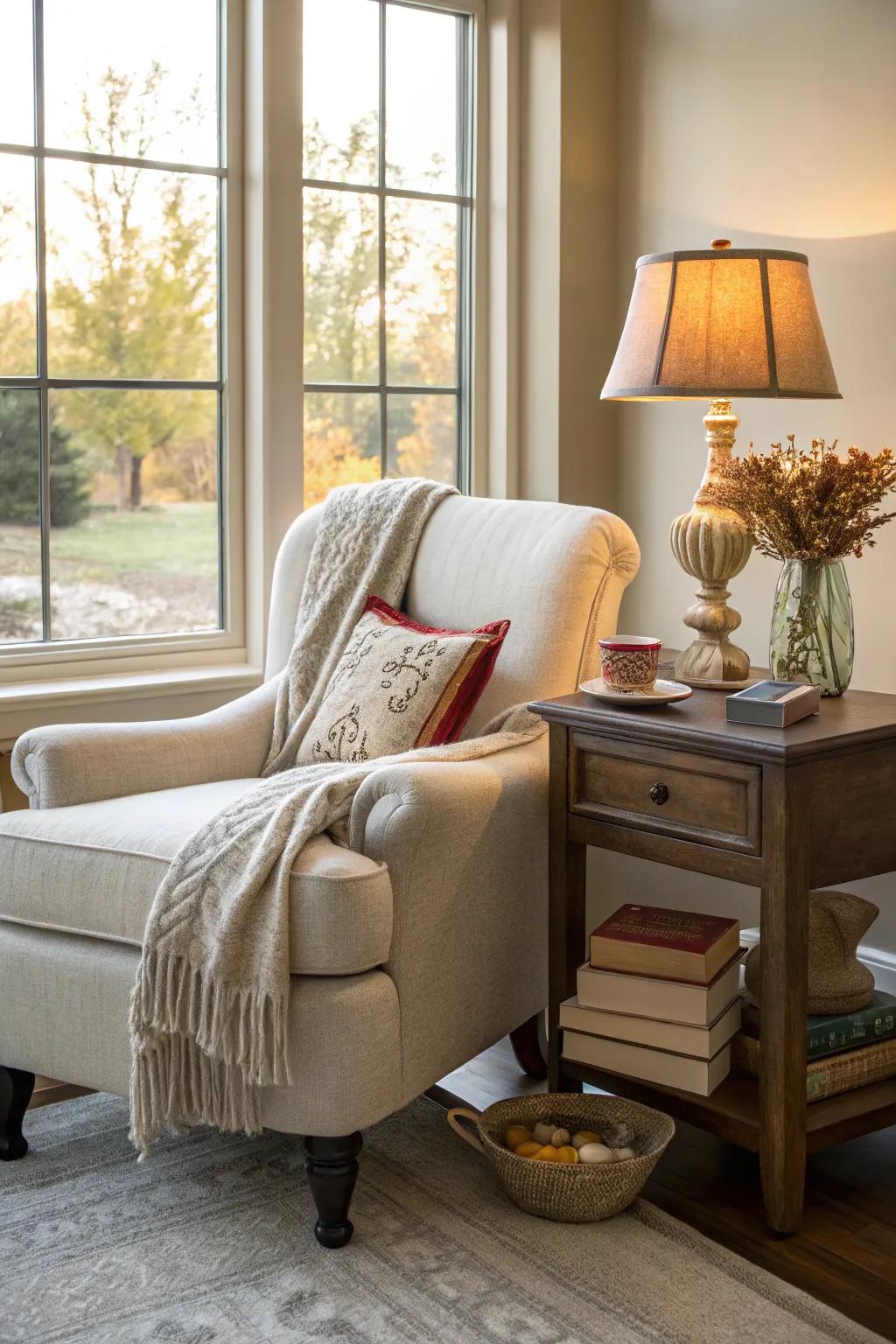 A tranquil reading spot by the window, ideal for unwinding in the afternoon.