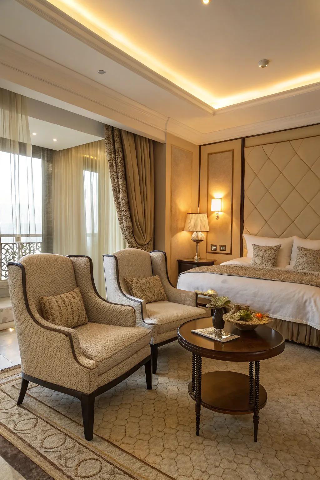 An inviting seating area brings warmth to the bedroom.
