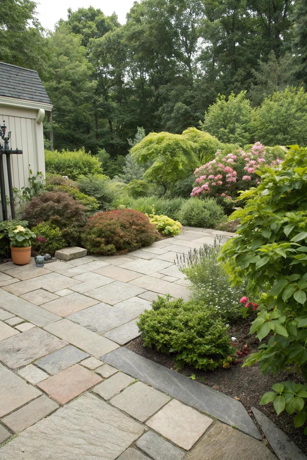 Greenery introduces a peaceful element to this expansive patio setting.