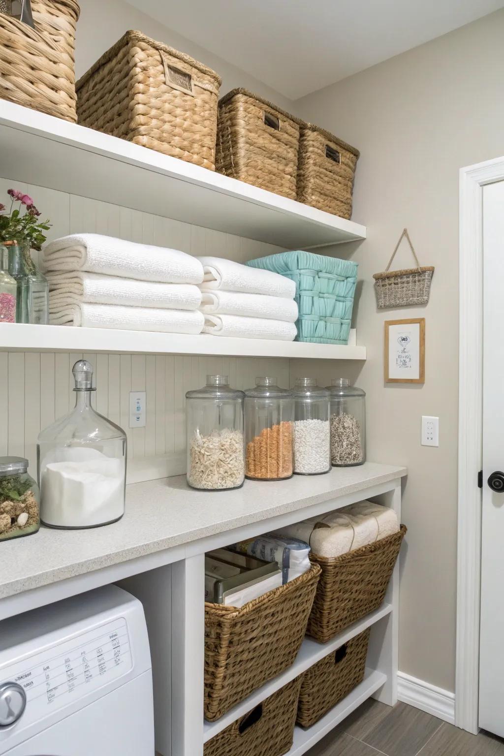 Both style and functionality are offered by open shelving.