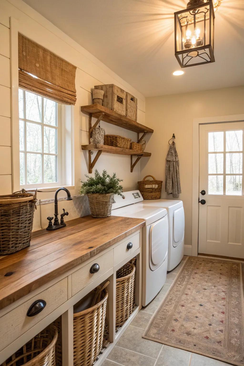 An inviting laundry space featuring natural wood worktops.