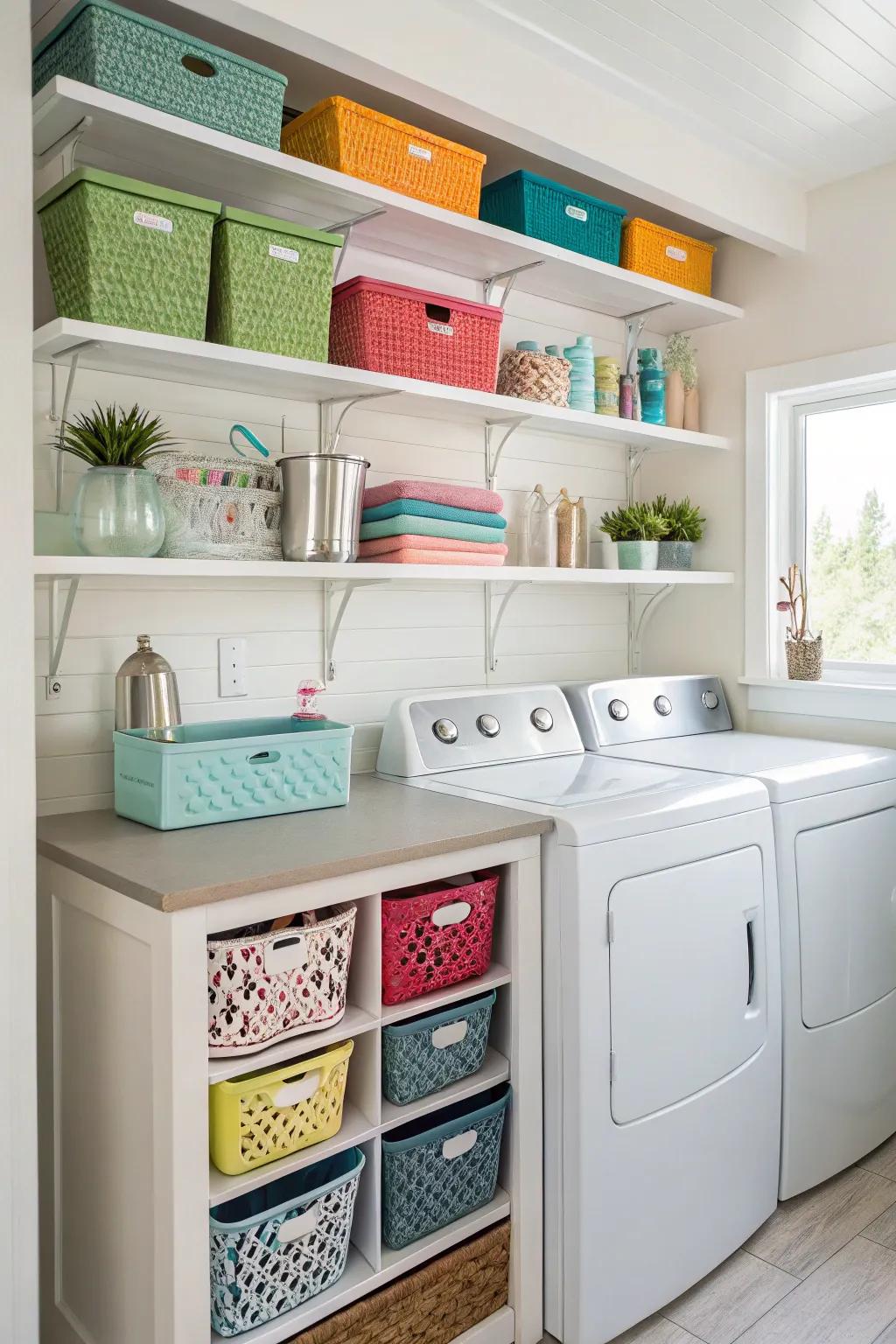 Open shelving offers readily available storage and a decorative feature.
