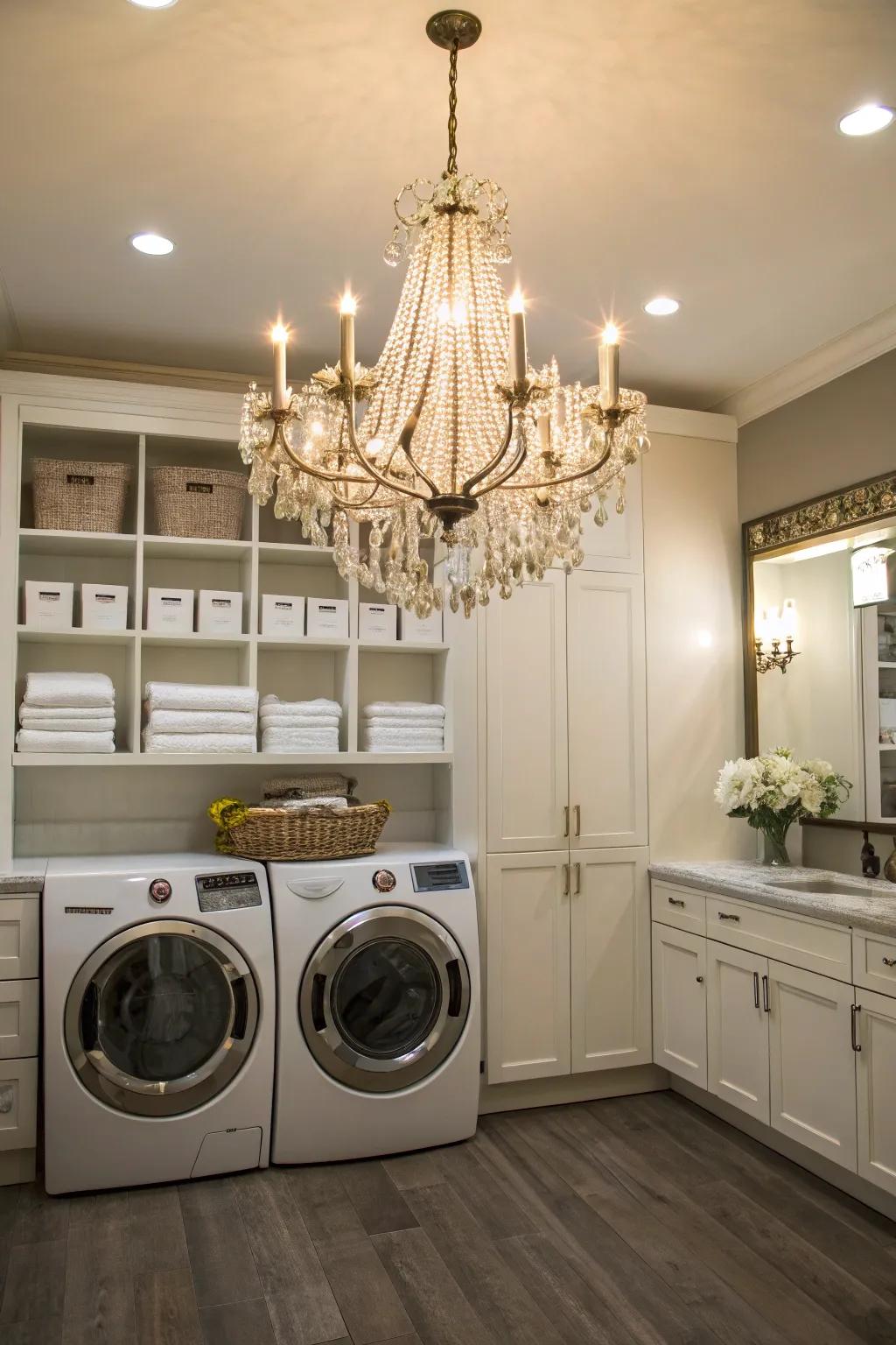 A chandelier adds a surprising element of luxury to your laundry area.