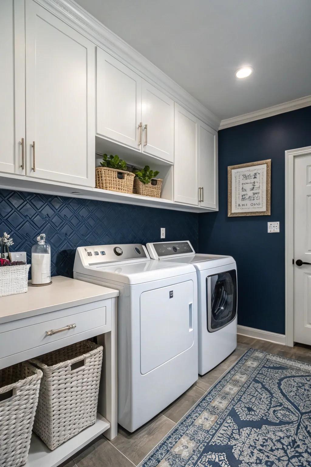 Navy blue brings a touch of classic elegance to your laundry room.
