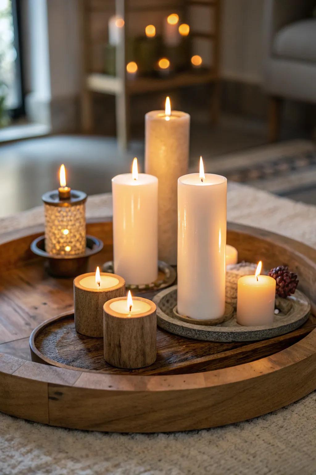 Illuminated wax pillars arranged on a lazy Susan to foster a snug and welcoming ambiance.