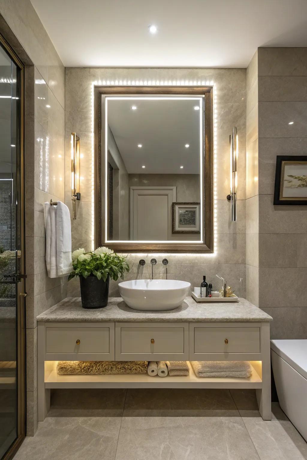 A framed illuminated reflection amplifies the sophistication of the washroom's ambiance.